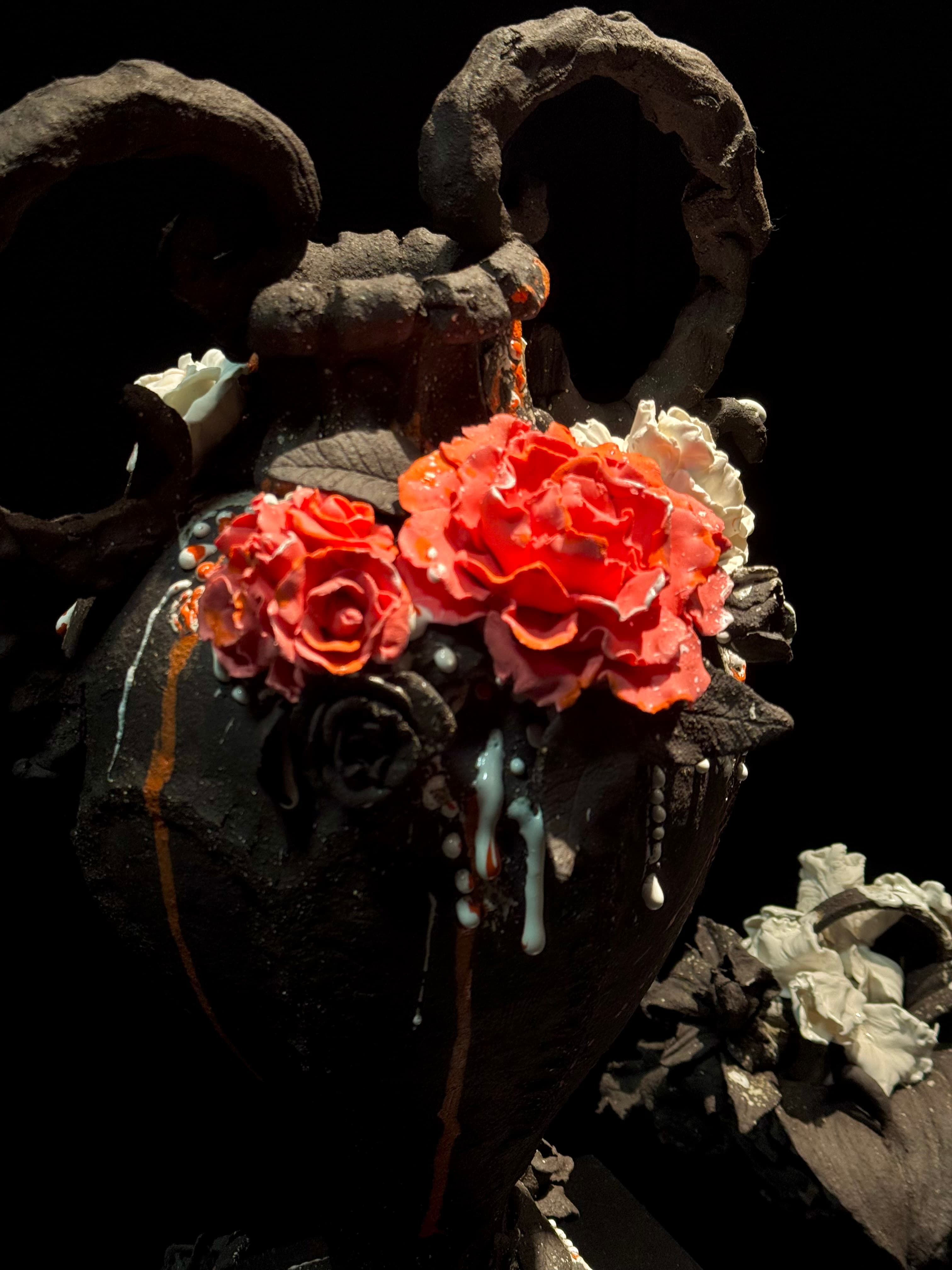 Bonbonière, a ceramic vessel with a lattice lid and porcelain roses — Vulcanic Rococo series